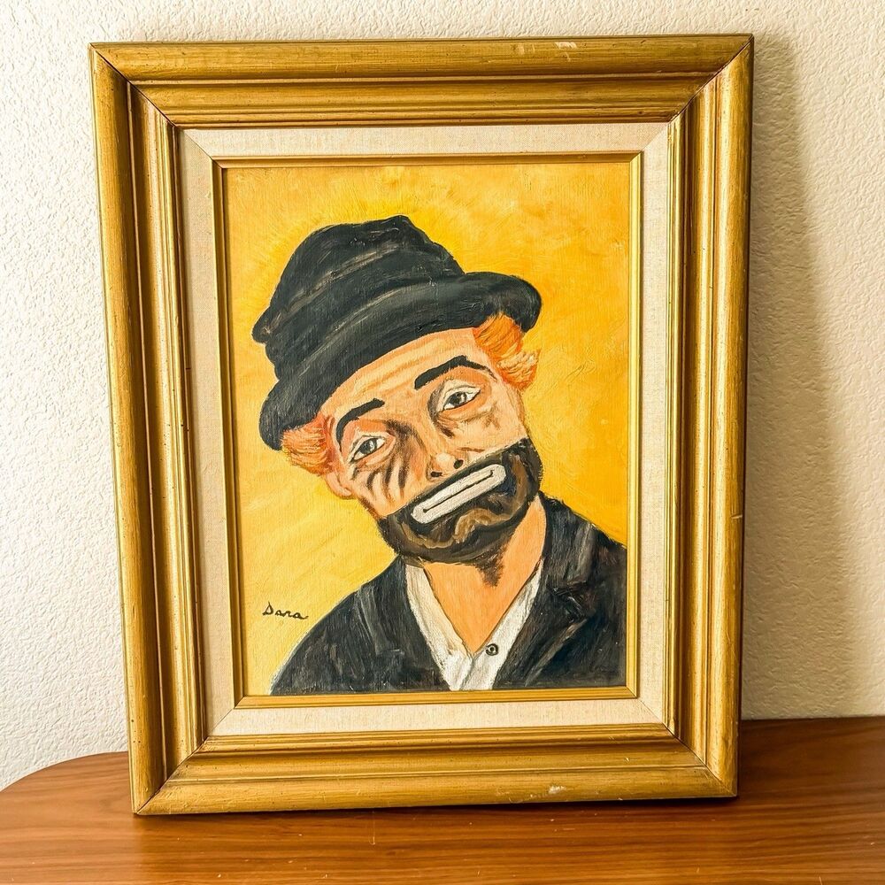 Vintage Mid Century Original Signed Clown Portrait Painting Folk Art Framed MCM
